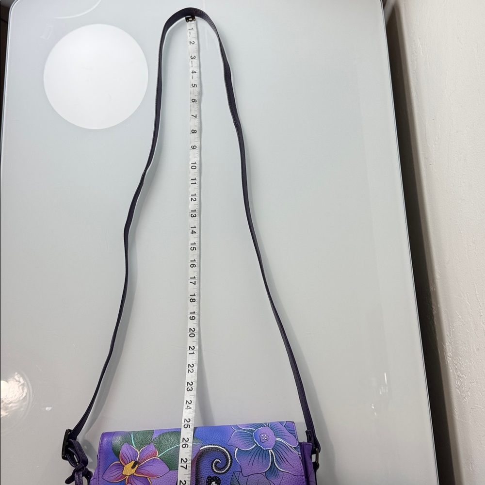Anuschka purple leather w painted flowers crossbody bag - Picture 14 of 15